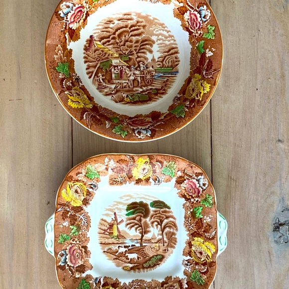 Set of 2 Enoch Woods English Scenery Brown Multicolor Bowl and Square Cake Plate - Picture 2 of 14